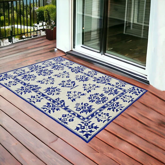 carpet for stairways and steps -2' X 3' Hand Hooked UV Treated Floral Traditional Indoor / Outdoor Accent Rug - S / Blue