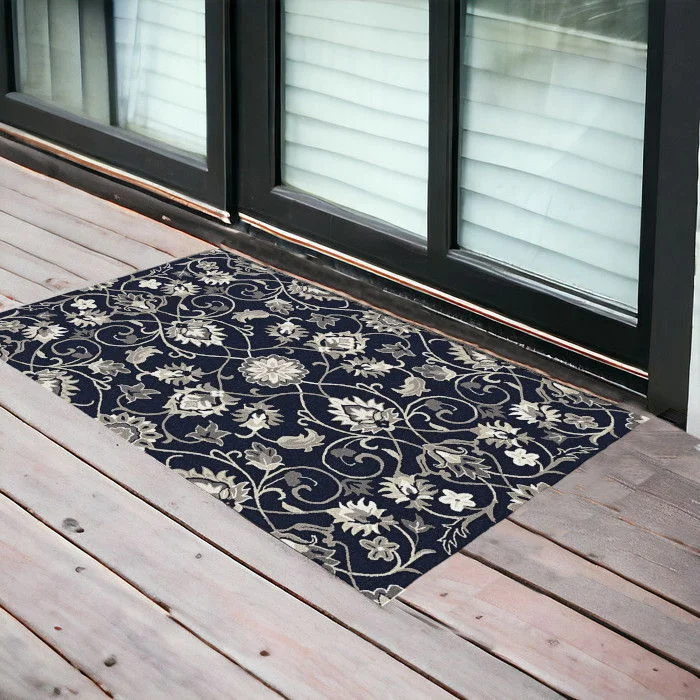 carpet for homes with pets and children -2' X 3' Hand Hooked UV Treated Floral Vines Indoor / Outdoor Accent Rug - Navy Blue