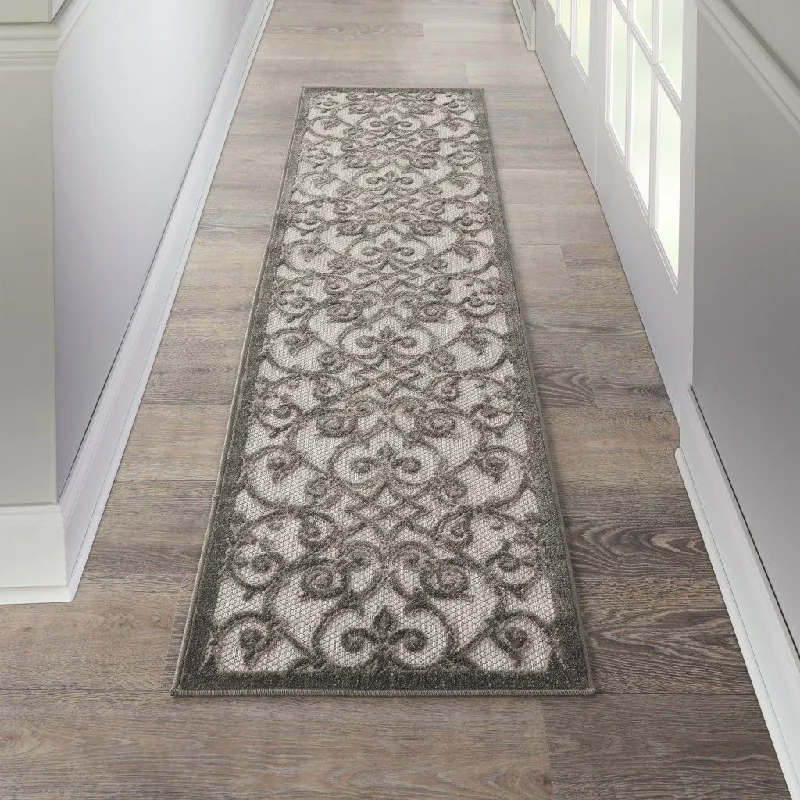 wool carpet for luxury home interiors -2' X 6' Floral Indoor / Outdoor Area Rug - Gray