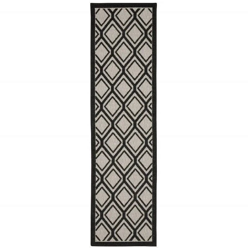 plush carpet for living rooms -2' X 7' Geometric Stain Resistant Indoor / Outdoor Area Rug - Beige / Black