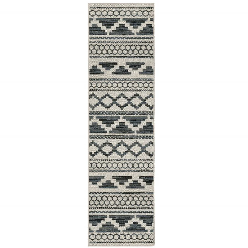 carpet for bedrooms with deep pile -2' X 7' Geometric Stain Resistant Indoor / Outdoor Area Rug - Blue / Beige