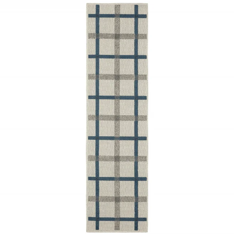 eco-friendly wool carpet for modern homes -2' X 7' Geometric Stain Resistant Outdoor & Indoor Area Rug - Blue / Beige