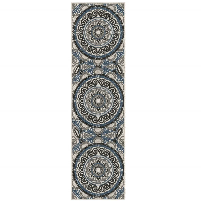 long-lasting carpet for commercial spaces -2' X 7' Geometric Stain Resistant Outdoor / Indoor Area Rug - Blue / Beige