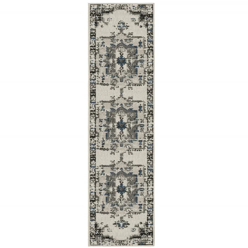 soft carpet for areas with young children -2' X 7' Oriental Stain Resistant Indoor / Outdoor Area Rug - Blue / Beige