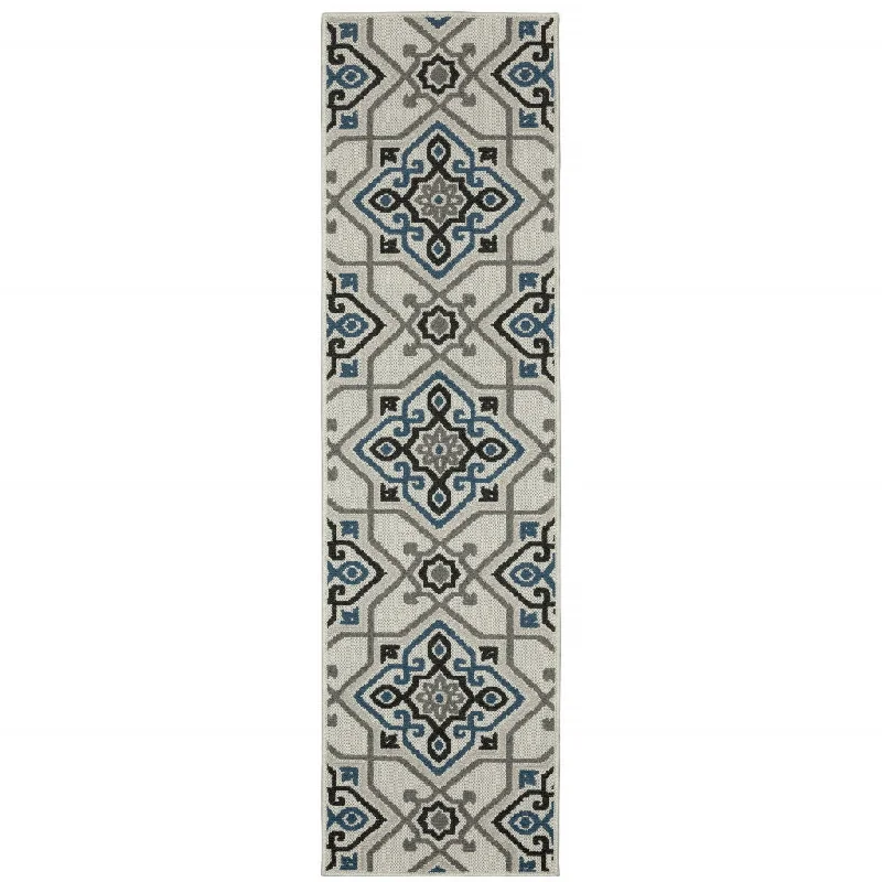 carpet for stairways and steps -2' X 7' Oriental Stain Resistant Outdoor / Indoor Area Rug - Blue / Beige