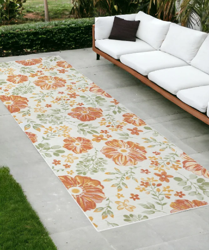 eco-friendly wool carpet for modern homes -2' X 8' Floral Stain Resistant Indoor / Outdoor Runner Rug - Ivory Green / Orange