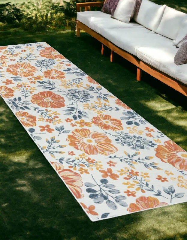 plush carpet for family rooms and living spaces -2' X 8' Floral Stain Resistant Indoor / Outdoor Runner Rug - Ivory Orange / Blue