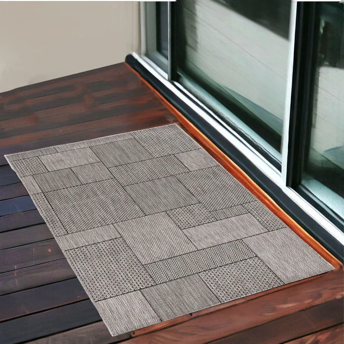 carpet with water-resistant technology -3' X 5' Machine Woven UV Treated Geometric Blocks Indoor / Outdoor Area Rug - Gray