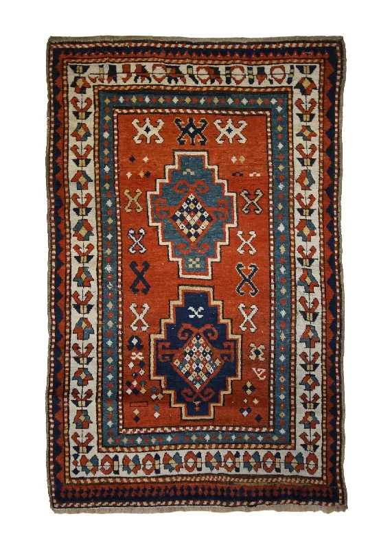 low pile carpet for easy cleaning -Caucasian Rug Kazak Handmade Area Tribal Antique 3'0"x4'2" (3x4) Red Whites/Beige Blue Geometric Design #A33355