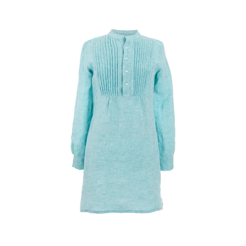 easy-to-maintain carpet for busy families -Chambray Pleated Linen Aqua Tunic