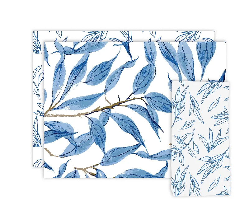 Non-slip outdoor placemats for patios-Placemat Set of 2 - Leaves in Blue