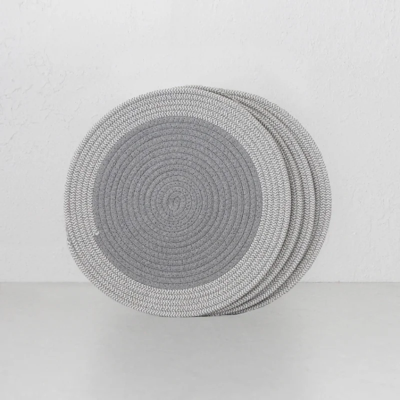 Placemat for casual dining-DEMI COTTON ROUND PLACEMAT | GREY + WHITE BORDER | SET OF 4