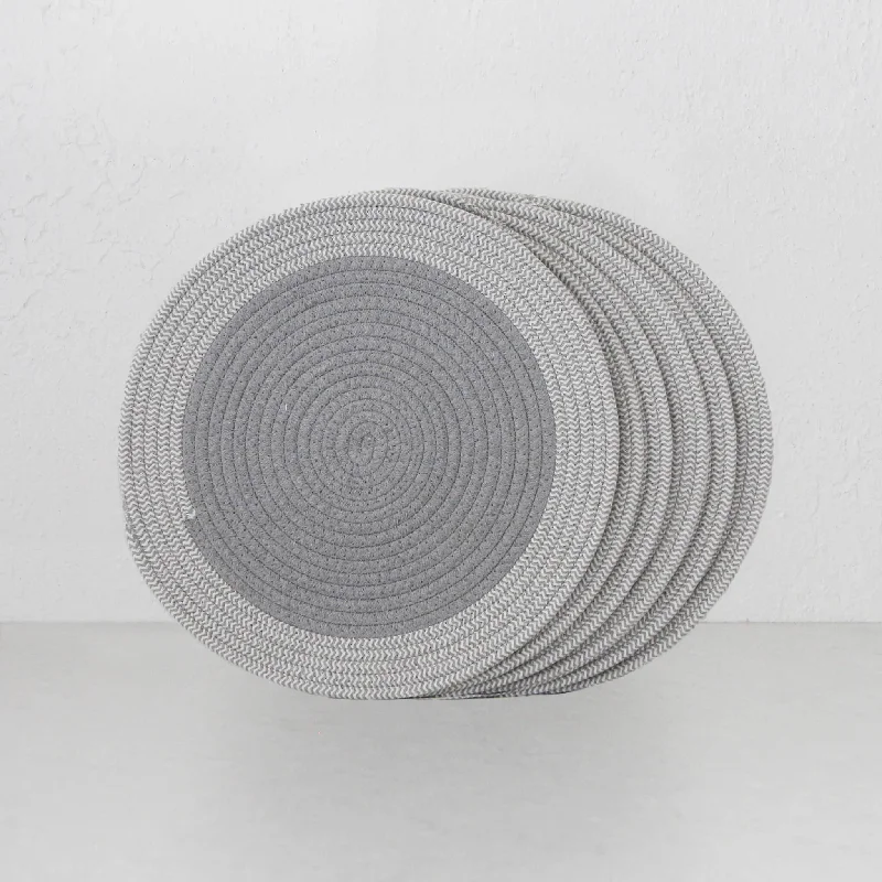 Round fabric placemat-DEMI COTTON ROUND PLACEMAT | GREY + WHITE BORDER | SET OF 6