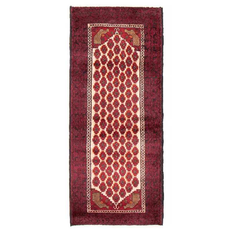 long-lasting carpet for commercial spaces -ECARPETGALLERY Hand-knotted Baluch Cream, Red Wool Rug - 3'0 x 6'4