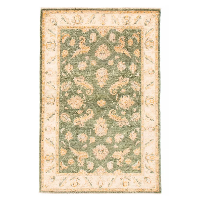 affordable carpet for commercial spaces -ECARPETGALLERY Hand-knotted Chobi Finest Green Wool Rug - 3'10 x 5'9