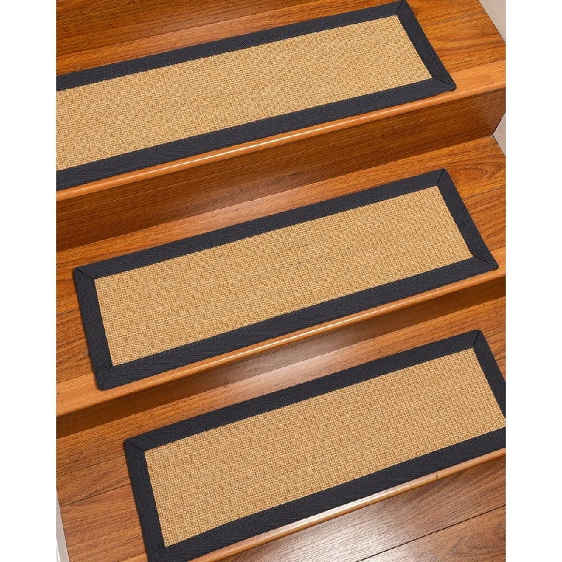 plush carpet for family rooms and living spaces -Natural Area Rugs 100% Natural Catalina, Sisal Gold/Multi, Handmade Custom Stair Treads Carpet Set Of 8 Midnight Blue Border