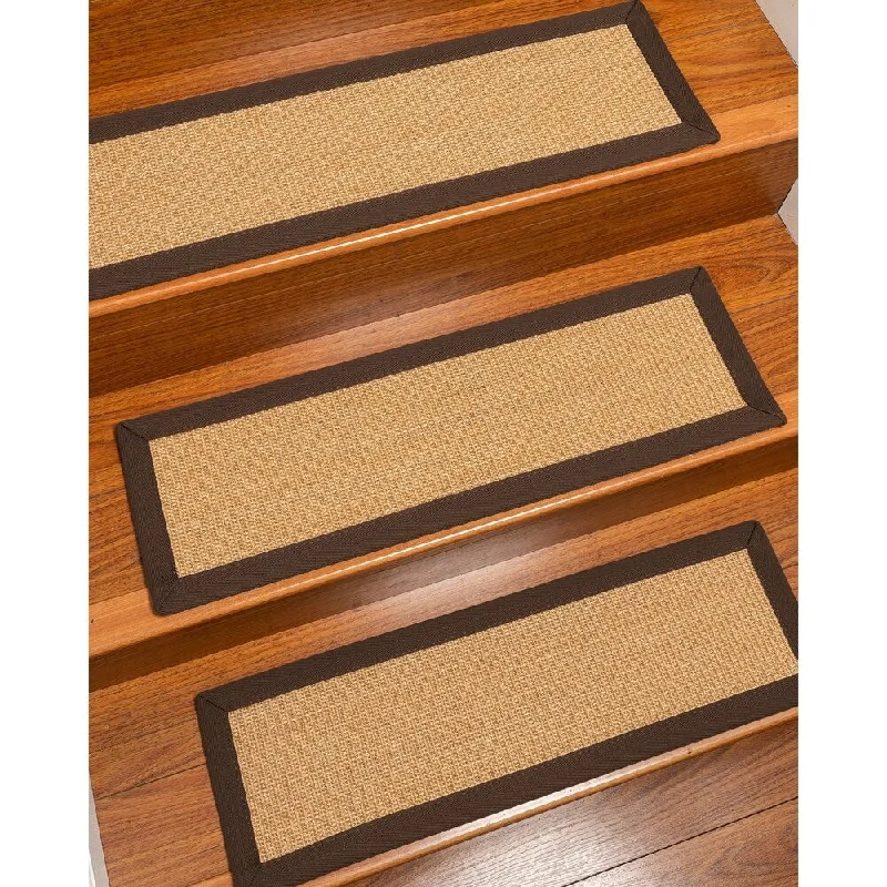 easy-to-maintain carpet for busy families -Natural Area Rugs 100% Natural Fiber Catalina, Sisal Gold/Multi, Handmade Custom Stair Treads Carpet Set Of 4 Fudge Border