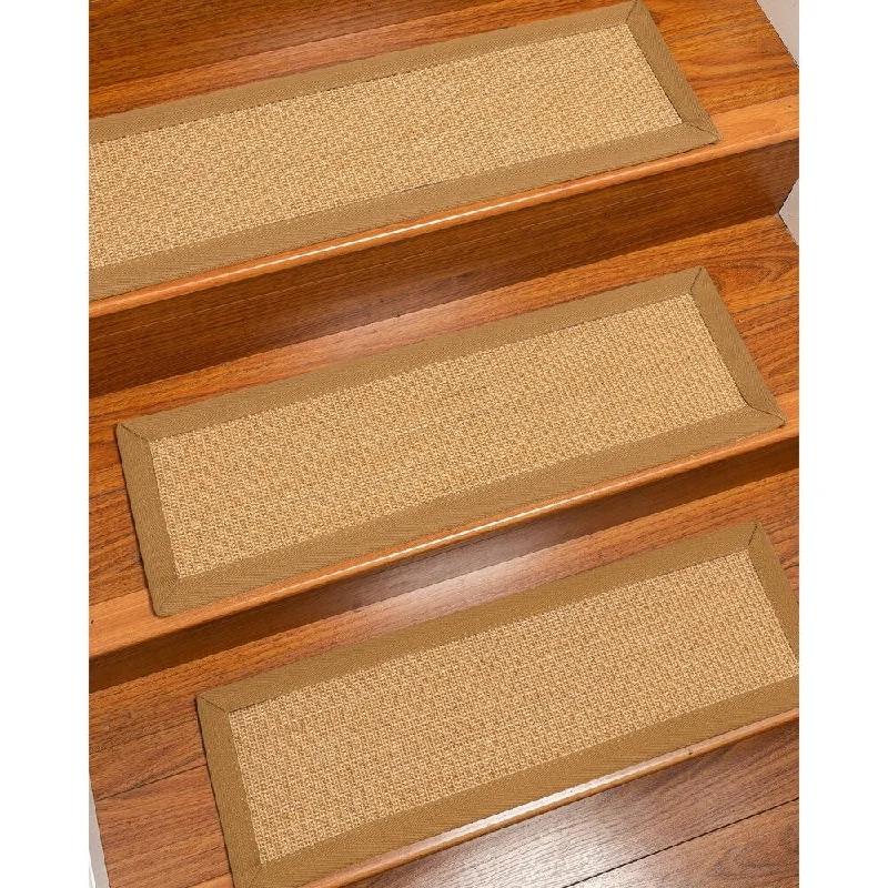 carpet for homes with open floor plans -Natural Area Rugs 100% Natural Fiber Catalina, Sisal Gold/Multi, Handmade Custom Stair Treads Carpet Set Of 4 Khaki Border