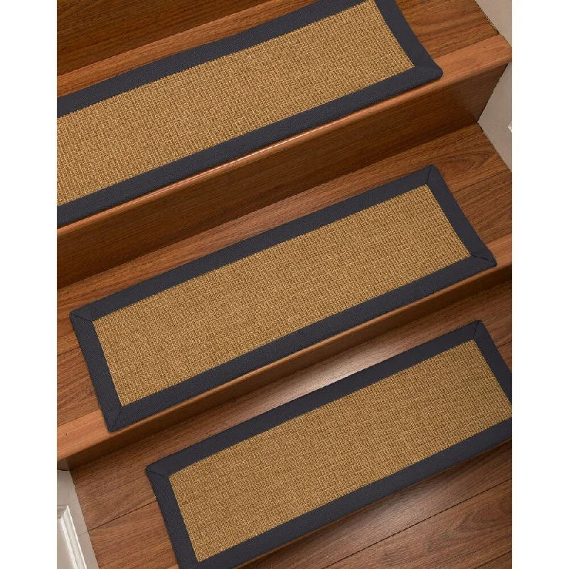 plush carpet for family rooms and living spaces -Natural Area Rugs 100% Natural Fiber Moda, Sisal Light Brown, Handmade Custom Stair Treads Carpet Set Of 8 Midnight Blue Border