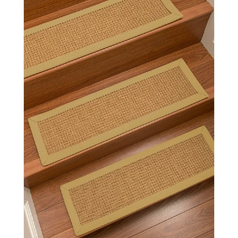 DIY carpet installation kits -Natural Area Rugs 100% Natural Fiber Portugal, Sisal Light Gold, Handmade Custom Stair Treads Carpet Set Of 4 Sage Border