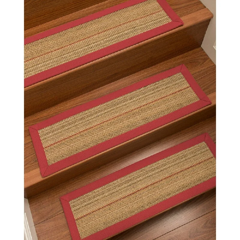 plush carpet for family rooms and living spaces -Natural Area Rugs 100% Natural Fiber Resort, Sisal Brown/Multi, Handmade Custom Stair Treads Carpet Set Of 8 (9"X29") Red Border