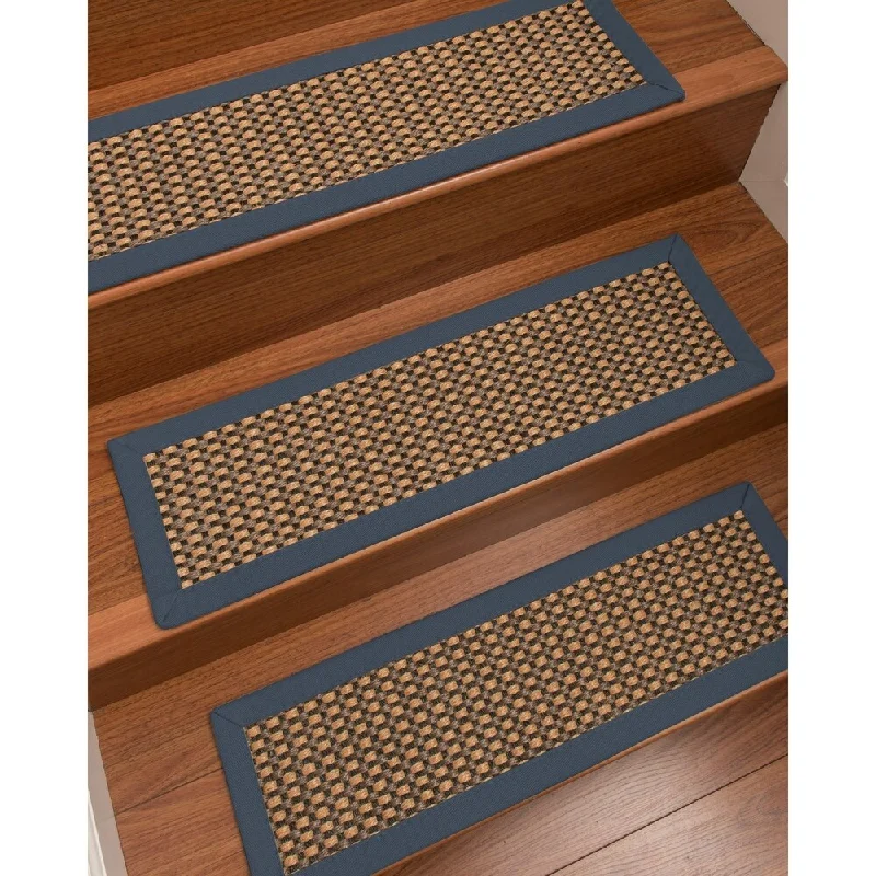 carpet for homes with hardwood floors -Natural Area Rugs 100% Natural Fiber Seaside, Sisal Tan/Multi, Handmade Custom Stair Treads Carpet Set Of 4 Marine Border