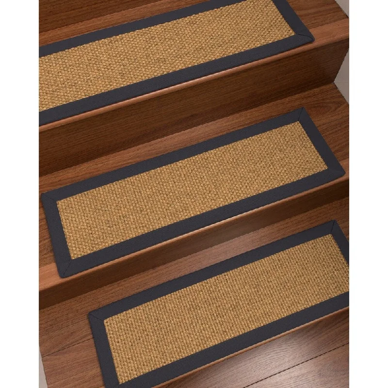 low-maintenance carpet for busy homeowners -Natural Area Rugs 100% Natural Niagara, Sisal Gold/Multi, Handmade Custom Stair Treads Carpet Set Of 8 Midnight Blue Border