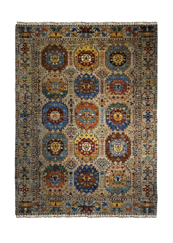 carpet with pet stain protection -Oriental Rug Afghan Handmade Area Transitional 5'9"x8'0" (6x8) Yellow/Gold Blue Garden Geometric Design #A32969