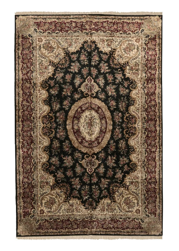 carpet for vintage and rustic homes -Oriental Rug Chinese Handmade Area Traditional 11'9"x18'0" (12x18) Black Red Floral Design #34262