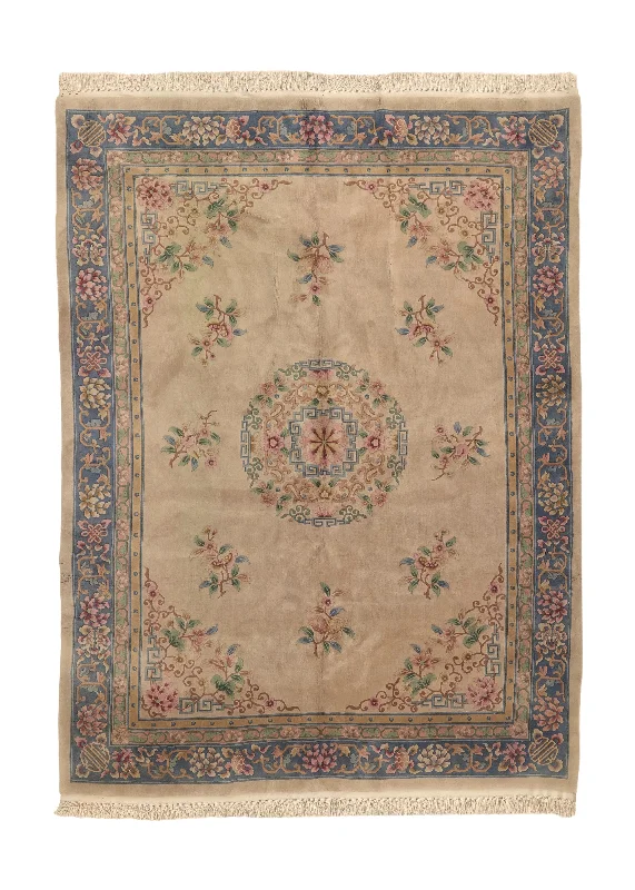 carpet with moisture barriers for wet areas -Oriental Rug Chinese Handmade Area Traditional 9'0"x11'11" (9x12) Whites/Beige Blue Open Field Floral Design #27038