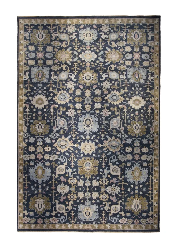 luxury shag carpet for cozy spaces -Oriental Rug Indian Handmade Area Transitional 12'2"x18'0" (12x18) Blue Brown Floral Oushak Design #A32927