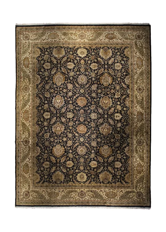 high-density carpet for durability and comfort -Oriental Rug Indian Handmade Area Transitional 13'11"x18'3" (14x18) Black Yellow/Gold Green Tea Washed Floral Design #A32961