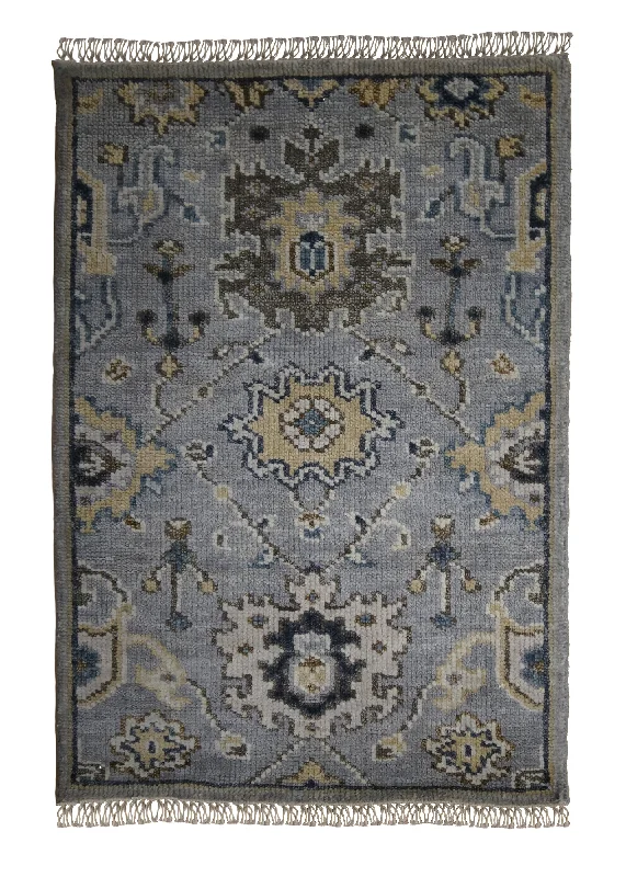 carpet with built-in stain resistance for dining rooms -Oriental Rug Indian Handmade Area Transitional 2'0"x3'0" (2x3) Gray Yellow/Gold Blue Floral Oushak Design #A32965