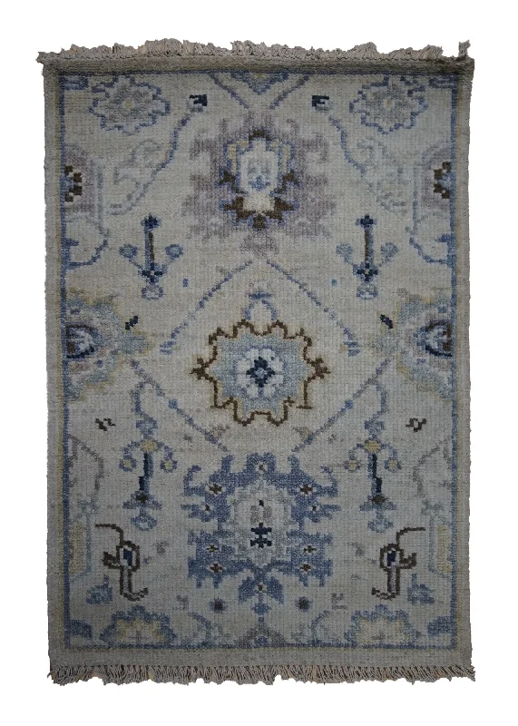 affordable carpet for commercial spaces -Oriental Rug Indian Handmade Area Transitional 2'0"x3'0" (2x3) Whites/Beige Blue Floral Oushak Design #A32962