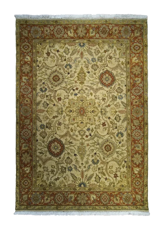 eco-friendly wool carpet for modern homes -Oriental Rug Indian Handmade Area Transitional 5'1"x7'4" (5x7) Yellow/Gold Red Green Tea Washed Floral Design #A33079