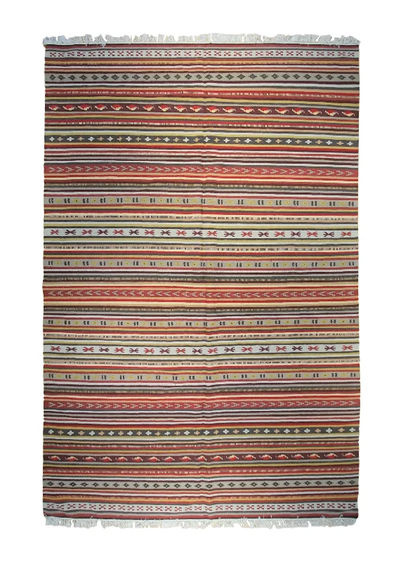 patterned carpet for modern homes -Oriental Rug Indian Handmade Area Transitional 6'8"x9'11" (7x10) Multi-color Red Geometric Stripes Design #A32942