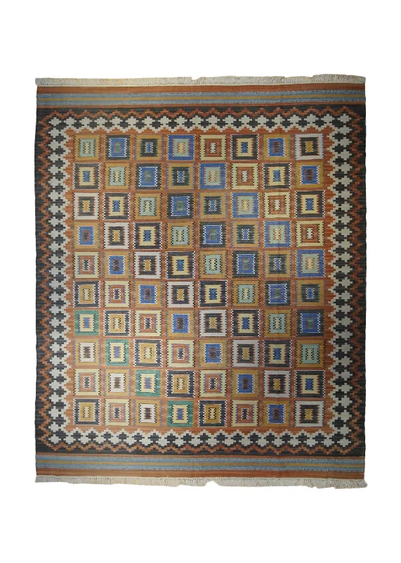 carpet for stylish and modern apartments -Oriental Rug Indian Handmade Area Transitional 8'5"x9'11" (8x10) Orange Multi-color Dhurrie Geometric Design #A32889