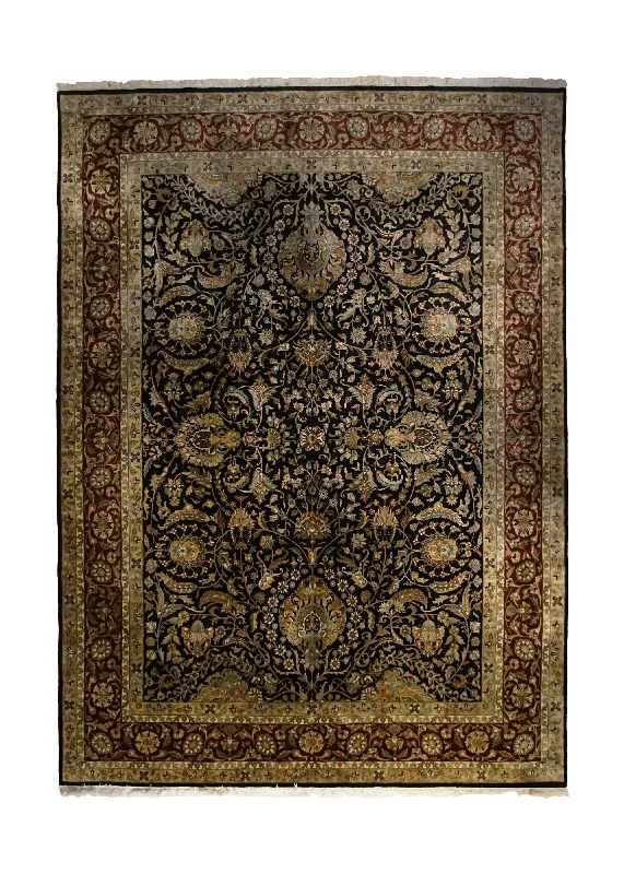 carpet for vintage-inspired home decor -Oriental Rug Indian Handmade Area Transitional 8'10"x12'2" (9x12) Black Red Yellow/Gold Tea Washed Floral Design #A33447