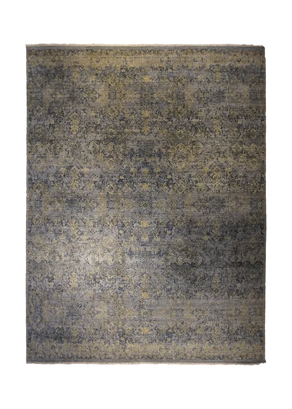 indoor-outdoor carpet for patios and decks -Oriental Rug Indian Handmade Area Transitional Modern 10'0"x14'0" (10x14) Blue Yellow/Gold Floral Erased Abstract Design #A33425