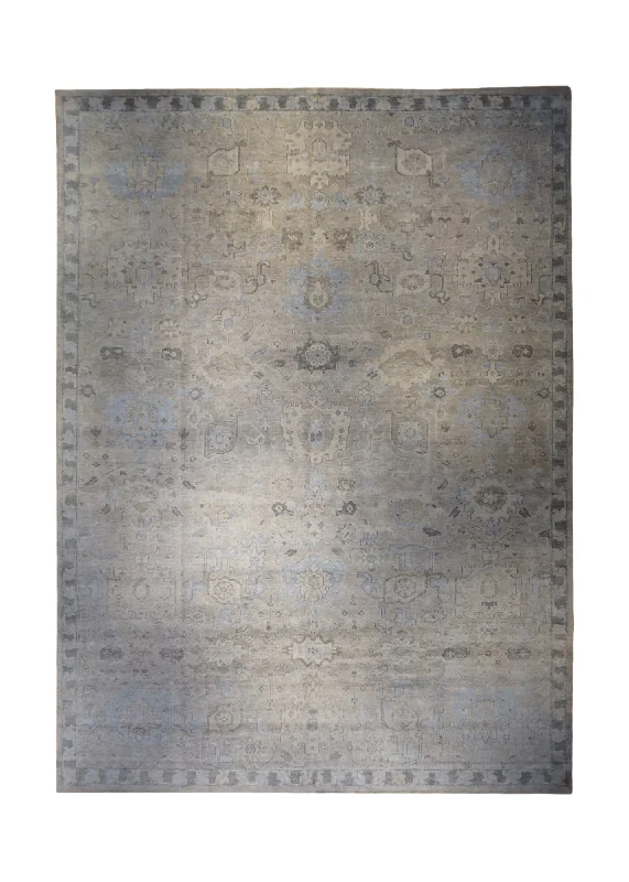 carpet with moisture-wicking properties -Oriental Rug Indian Handmade Area Transitional Neutral 12'2"x17'10" (12x18) Gray Whites/Beige Blue Floral Oushak Design #A32930