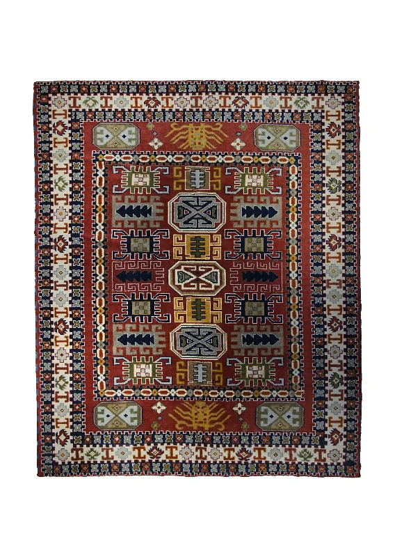 bright carpet for cheerful home interiors -Oriental Rug Indian Handmade Area Transitional Tribal 8'1"x10'0" (8x10) Red Kazak Geometric Design #A33435