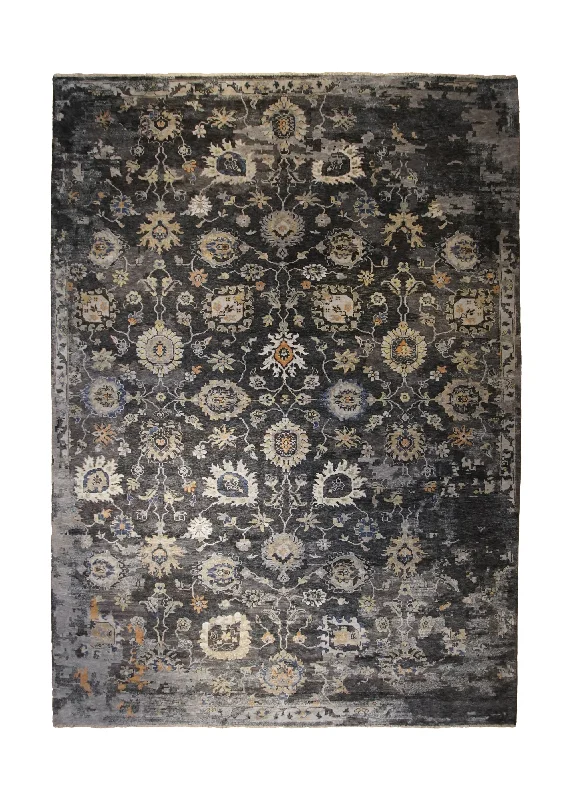 allergy-friendly carpet for sensitive individuals -Oriental Rug Indian Handmade Area Transitional Modern 10'0"x13'10" (10x14) Gray Yellow/Gold Floral Oushak Erased Abstract Design #A32986