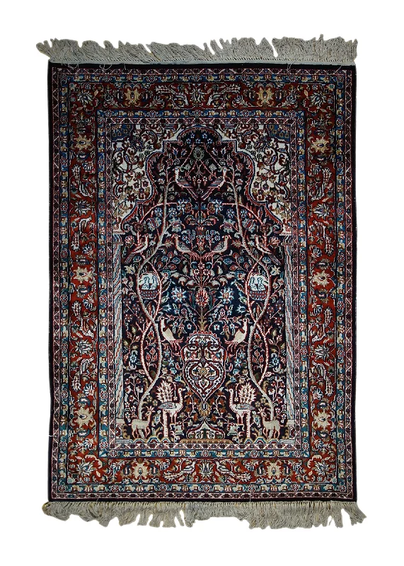 thick carpet for luxury homes -Oriental Rug Kashmiri Handmade Area Traditional 2'7"x3'10" (3x4) Blue Red Tree of Life Animals Design #A33002