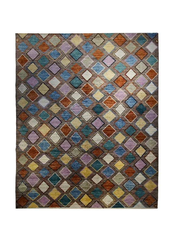 carpet for luxury hotel lobbies -Oriental Rug Moroccan Handmade Area Transitional 8'2"x10'0" (8x10) Brown Blue Purple Geometric Design #A33080