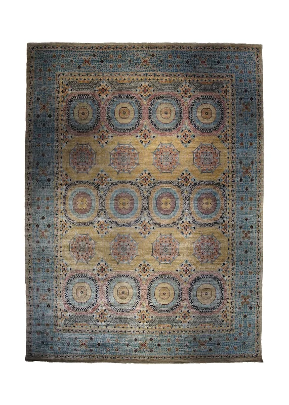 wool carpet for allergy sufferers -Oriental Rug Pakistani Handmade Area Transitional 12'8"x16'8" (13x17) Yellow/Gold Blue Mamluk Geometric Design #A33472