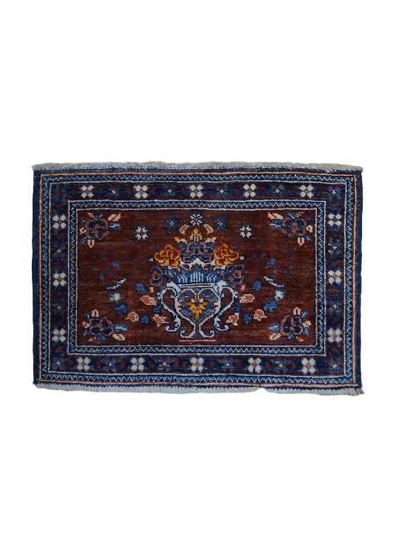 carpet with built-in stain resistance for dining rooms -Oriental Rug Pakistani Handmade Area Transitional 1'5"x2'1" (1x2) Red Blue Ariana Floral Design #A33386