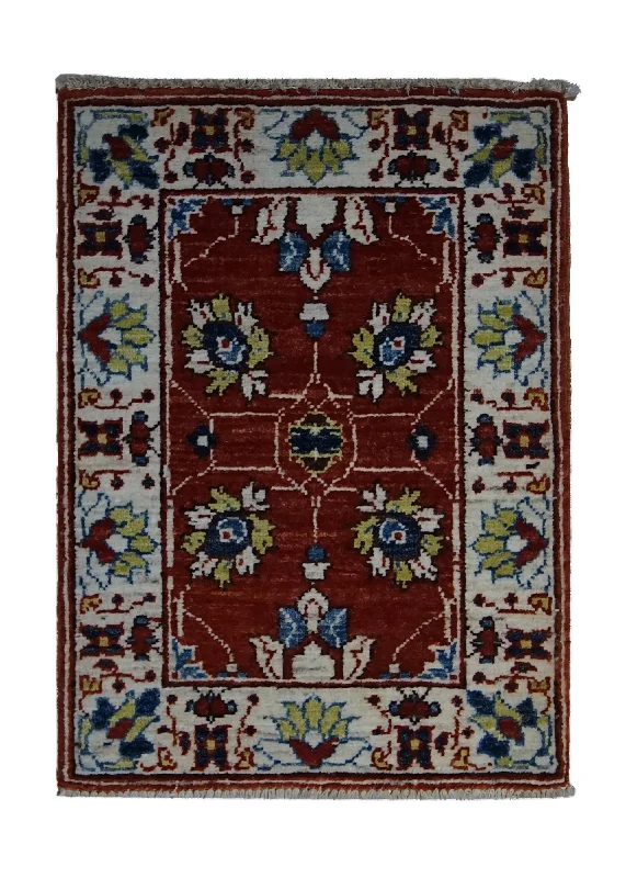 indoor carpet for outdoor patio spaces -Oriental Rug Pakistani Handmade Area Transitional 1'5"x2'2" (1x2) Red Whites/Beige Ariana Floral Oushak Design #A33391