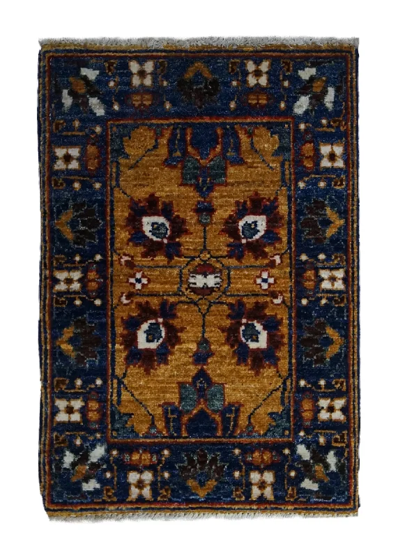 carpet with pet stain protection -Oriental Rug Pakistani Handmade Area Transitional 1'6"x2'2" (2x2) Yellow/Gold Blue Ariana Floral Oushak Design #A33388