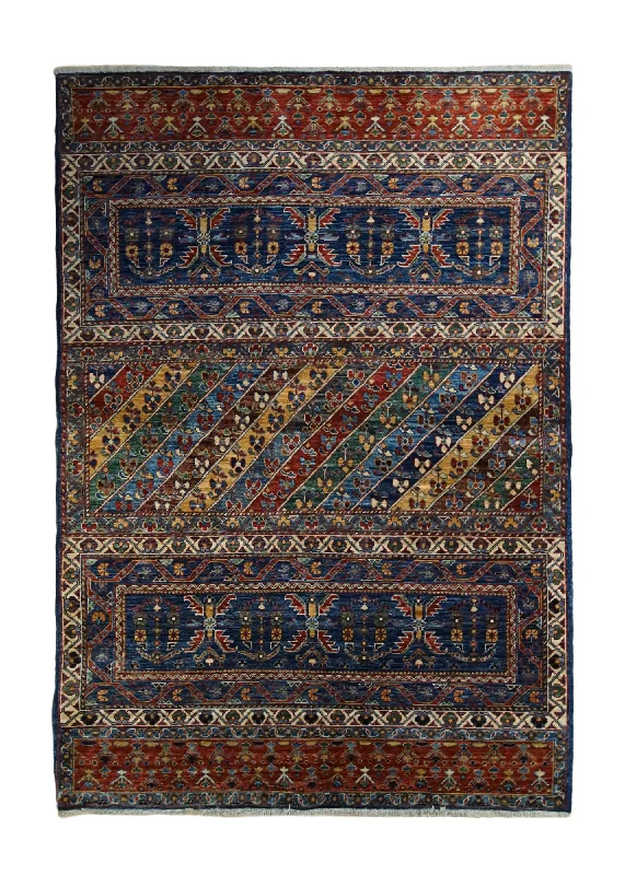 stylish carpet for minimalist bedroom designs -Oriental Rug Pakistani Handmade Area Transitional 4'2"x5'11" (4x6) Blue Red Multi-color Khorjin Geometric Design #A32918