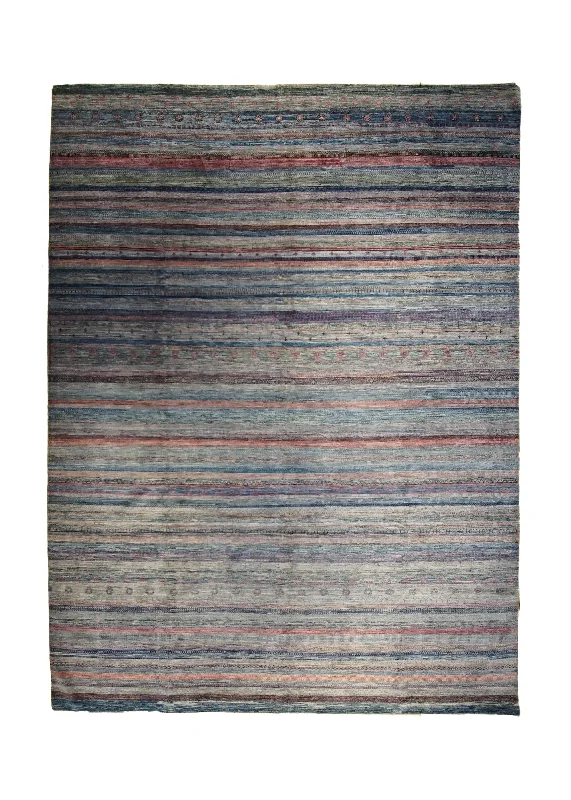 carpet for bedrooms with deep pile -Oriental Rug Pakistani Handmade Area Transitional 8'8"x11'4" (9x11) Multi-color Purple Gabbeh Stripes Geometric Design #A33469